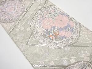 プラチナ箔　絵皿に牡丹・鴛鴦・華紋織り出し　袋帯